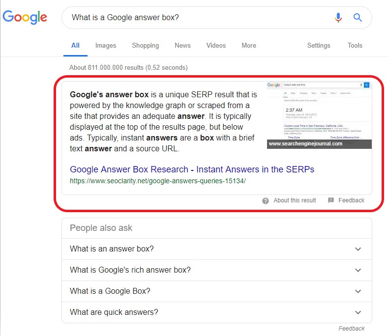 Google answer box and hosting
